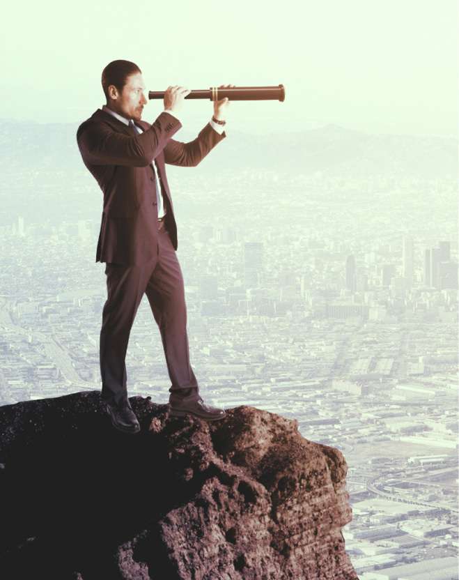 conceptual image of a man looking through a binocular telescope