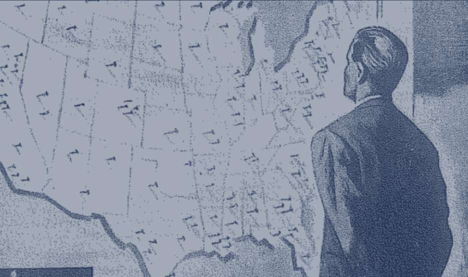 illustration of businessperson looking at a map of the United States