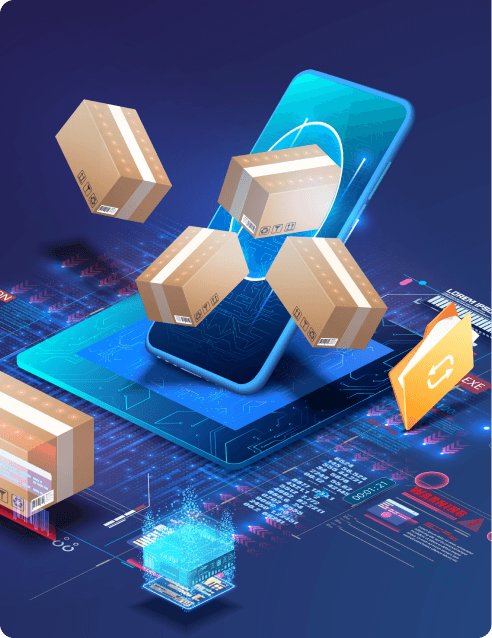 depiction of packages flying out of a phone, ipad and other pieces of technology